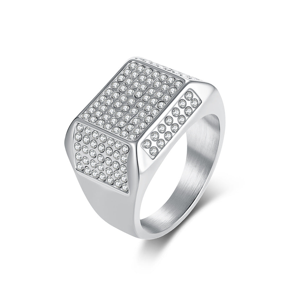 Street Stainless Steel Gold-Plated Zircon Ring Men's