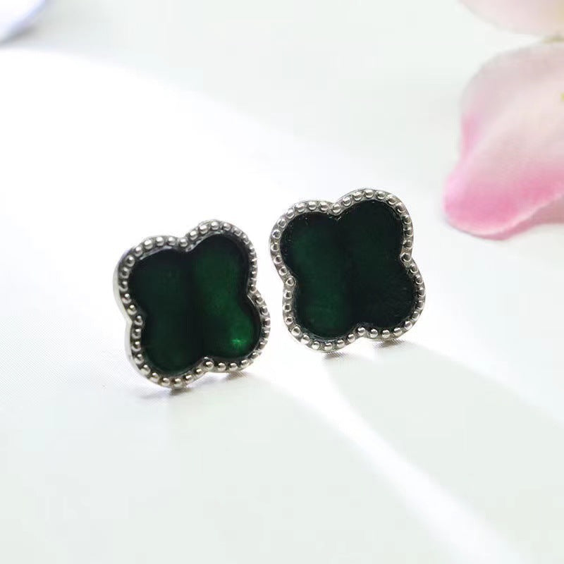 Emerald Jade Clover Earrings in Sterling Silver