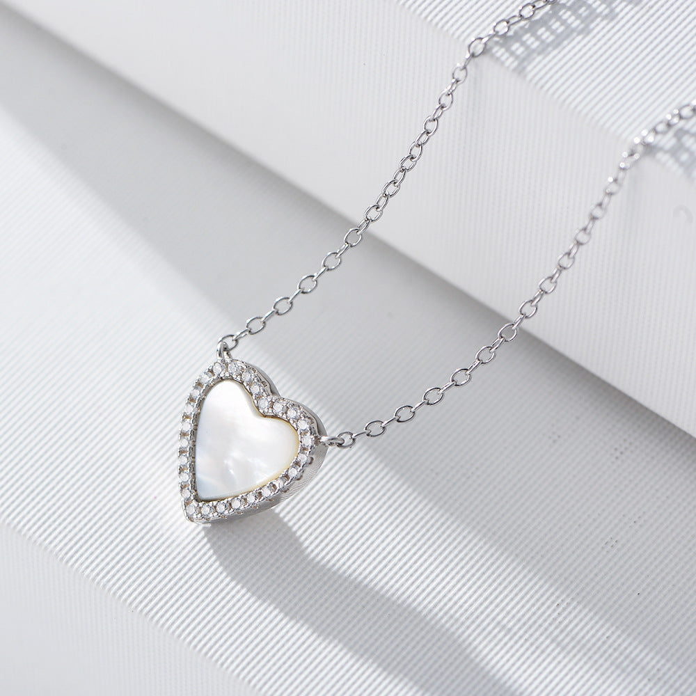 S925 Sterling Silver Love-Shaped Shell Pendant Necklace Korean Version Zircon