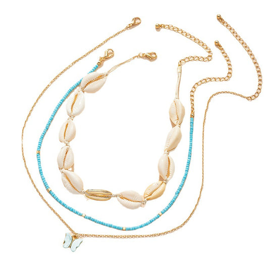 Butterfly Shell Bead Necklace Set with Multi-Layer Pendant - Wholesale Luxe Jewelry