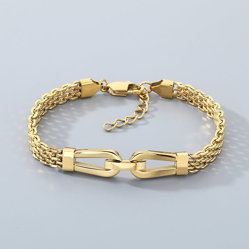 Style Hollow Woven Chain Design Horseshoe Buckle Titanium Steel Men's Bracelet