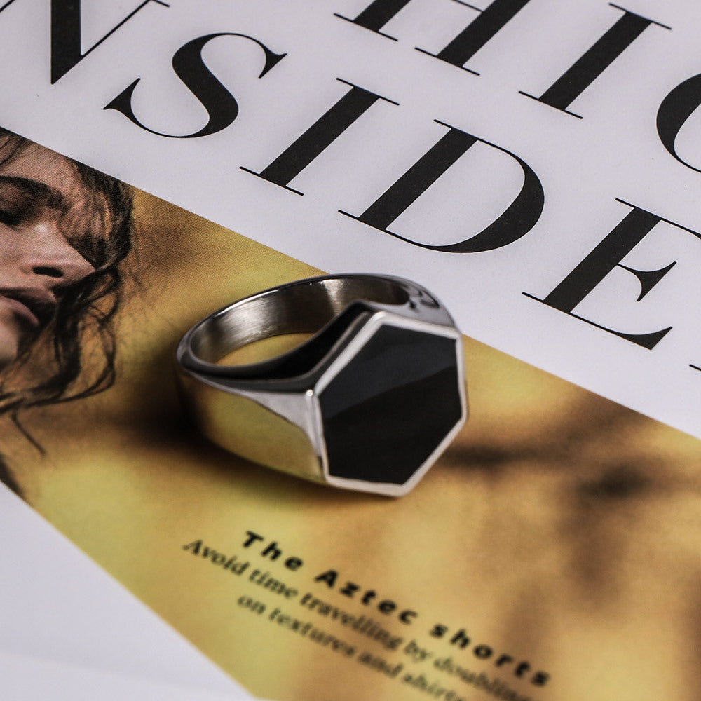 Personalized Hexagonal Epoxy Titanium Steel Ring for Men - Trendy Irregular Design in Stainless Steel