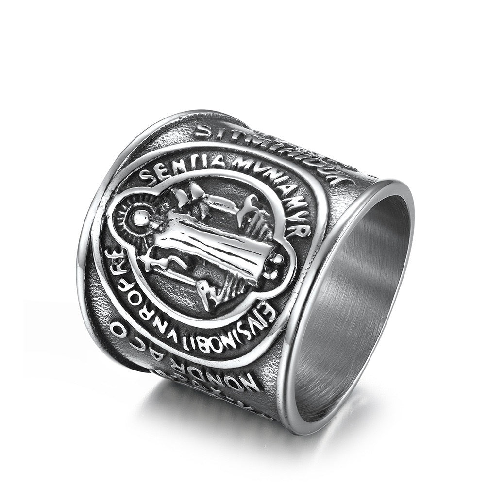 Saint Benedict Ring Stainless Steel Exorcist Symbol Unisex Divine Jewelry Planderful Collection Everyday Genie
