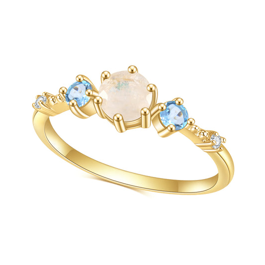 Round Cut Natural Moonstone and Blue Zircon Silver Ring