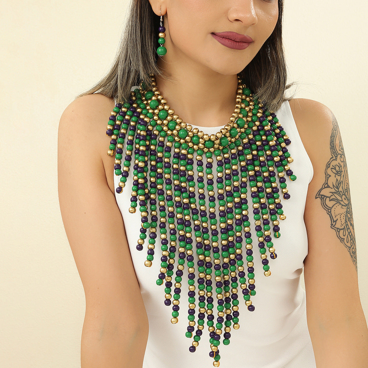 Savanna Rhythms Wooden Bead Tassel Necklace Earring Set