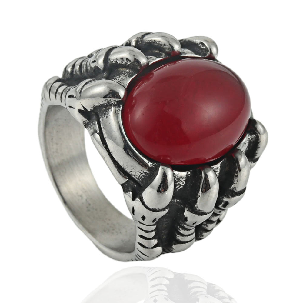 Punk Red Stone Titanium Steel Ring for Men - Stylish European and American Design with Red Crystal