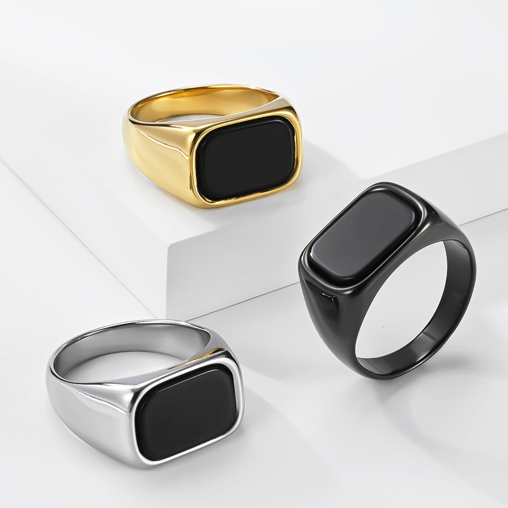 Planderful Everyday Genie Steel Ring Black Square Stone Titanium Durable Mens Jewelry Size 7 To 13