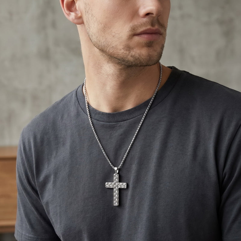 Hip Hop Stainless Steel Round Bead Chain Necklace Simple Twist Cross Pendant Square