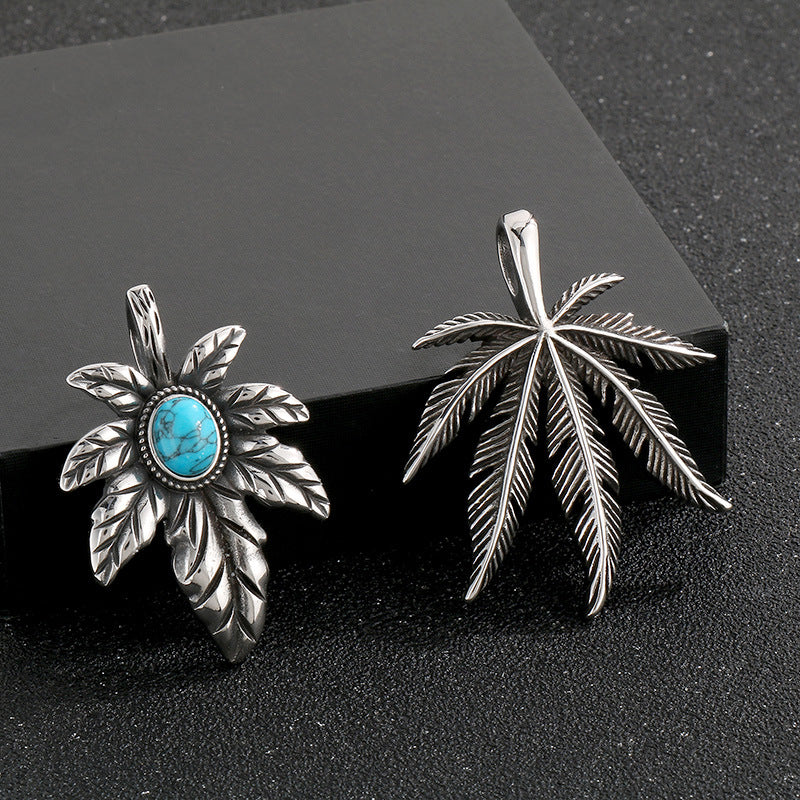 Vintage Plant Maple Leaf Straight Batch, Punk Stainless Steel Turquoise Leaf Men's Pendant Necklace