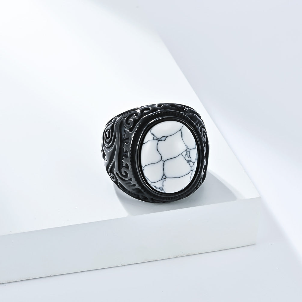 Planderful Mens Titanium Steel Ring With Tiger Eye Gem Retro Engraved Bold Statement Jewelry