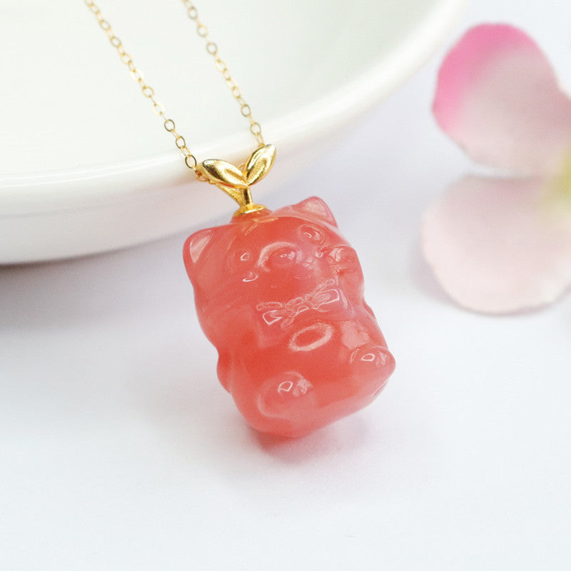 Golden Sterling Silver Pendant Necklace with Natural Agate Panda Accent