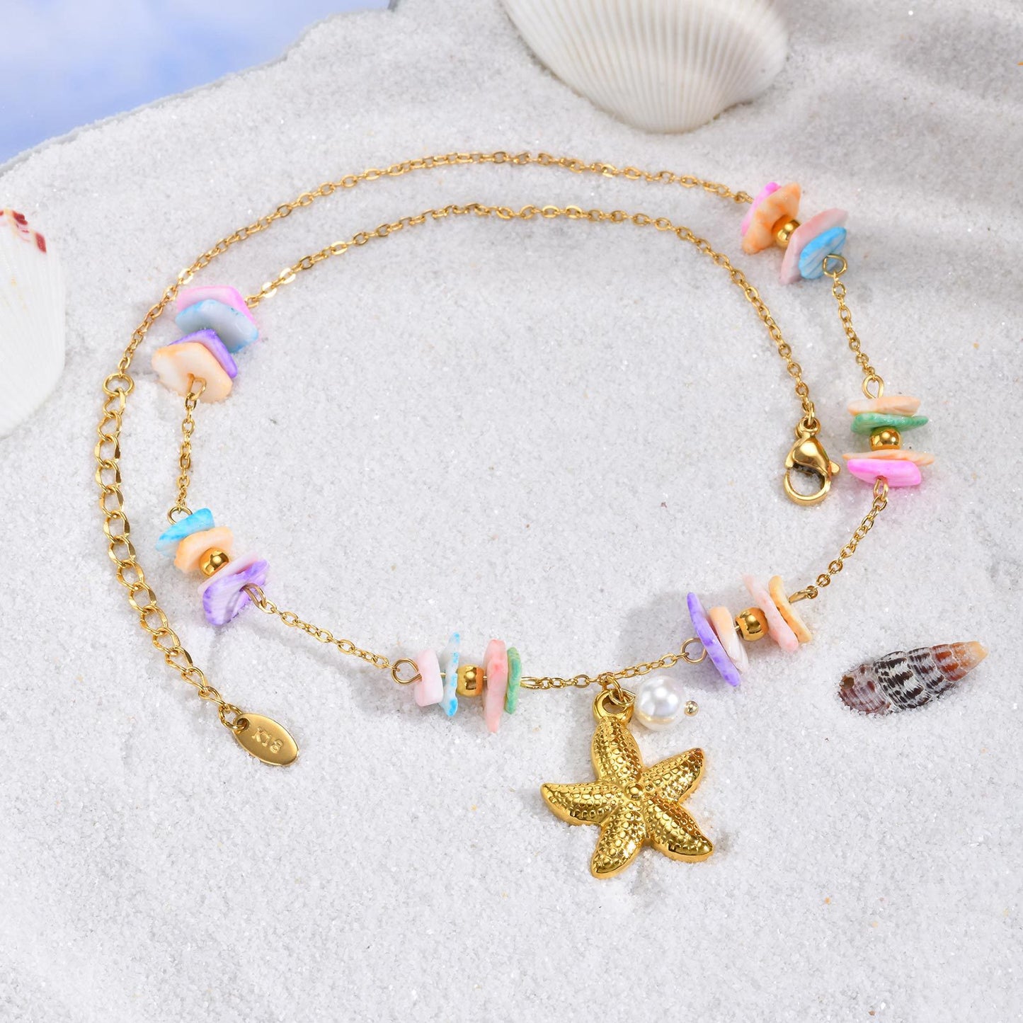 Seaside Summer Small Fresh Ocean Wind Stainless Steel White Shell Square Piece Metal Necklace