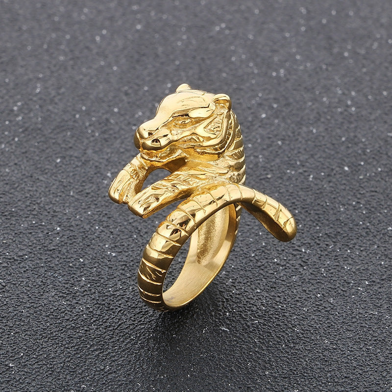 Planderful Zodiac Tiger Head Ring Mens Titanium Steel