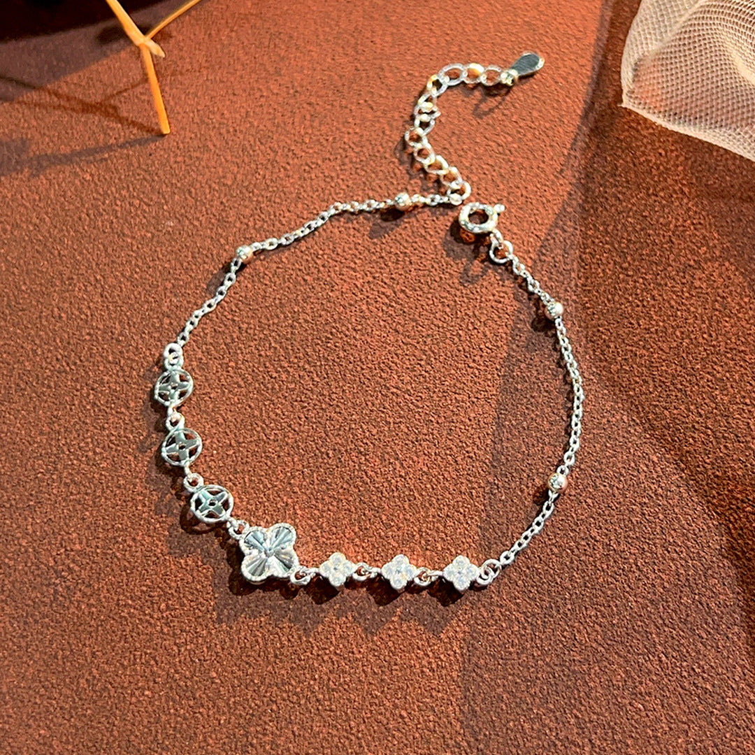 Planderful Everyday Genie S925 Sterling Silver Lucky Flower Four-Leaf Clover Bracelet Women's Double-Sided Car Flower Fashion Versatile Jewelry