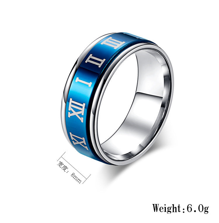 Planderful Mens Titanium Steel Ring With Rotating Roman Numerals Blue High End Index Finger Ring