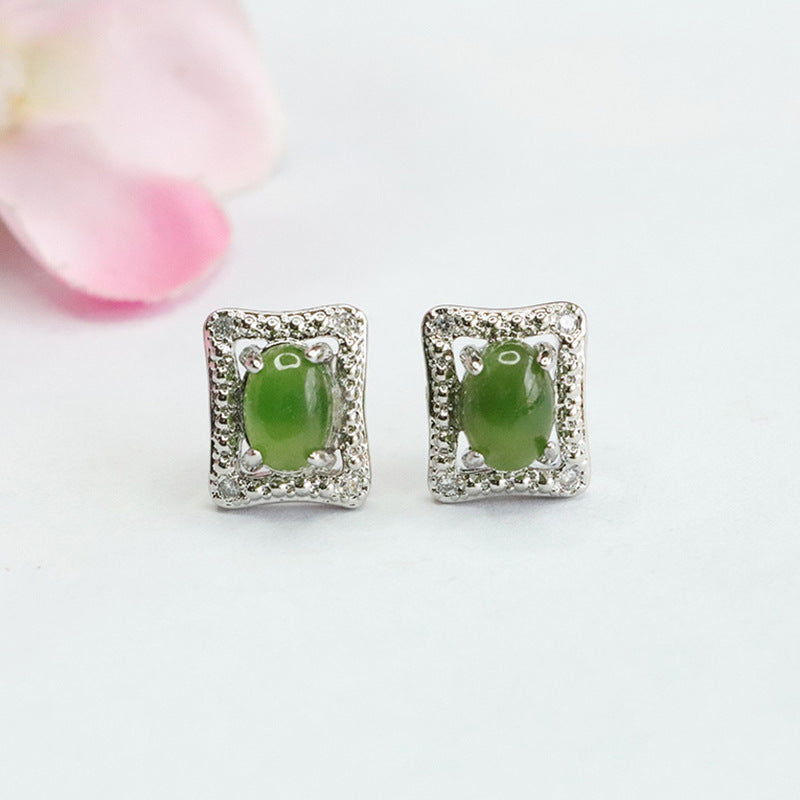 Rectangular Sterling Silver Earrings with Hetian Jade Insets