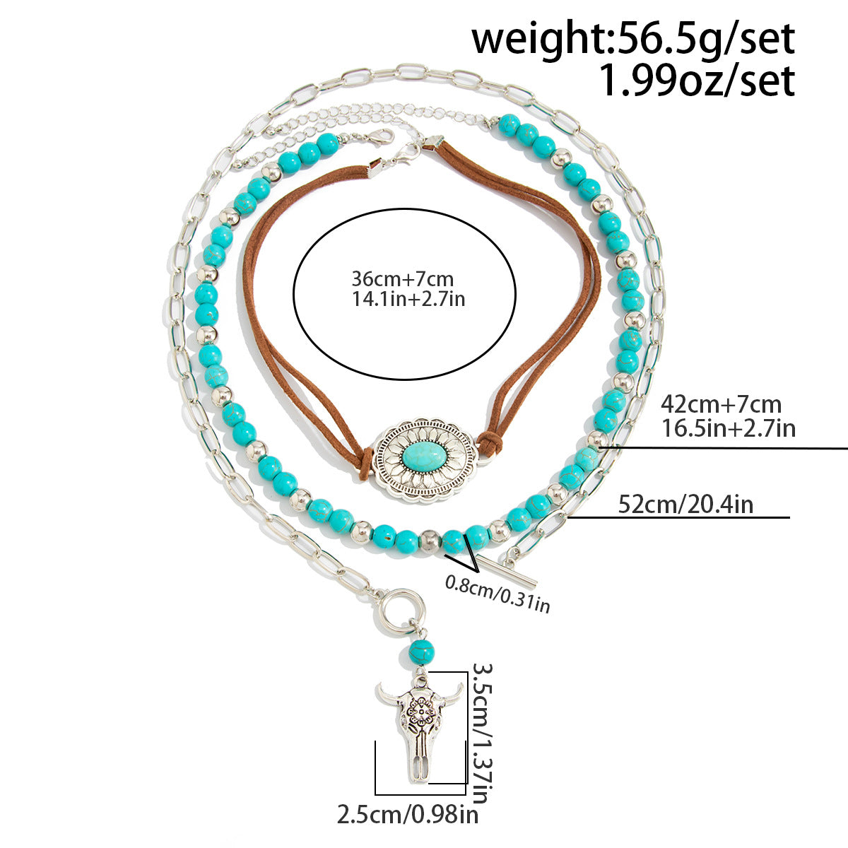 Retro Imitation Turquoise Stacked Western Denim National Cactus Cow Head Pendant Neck Necklace