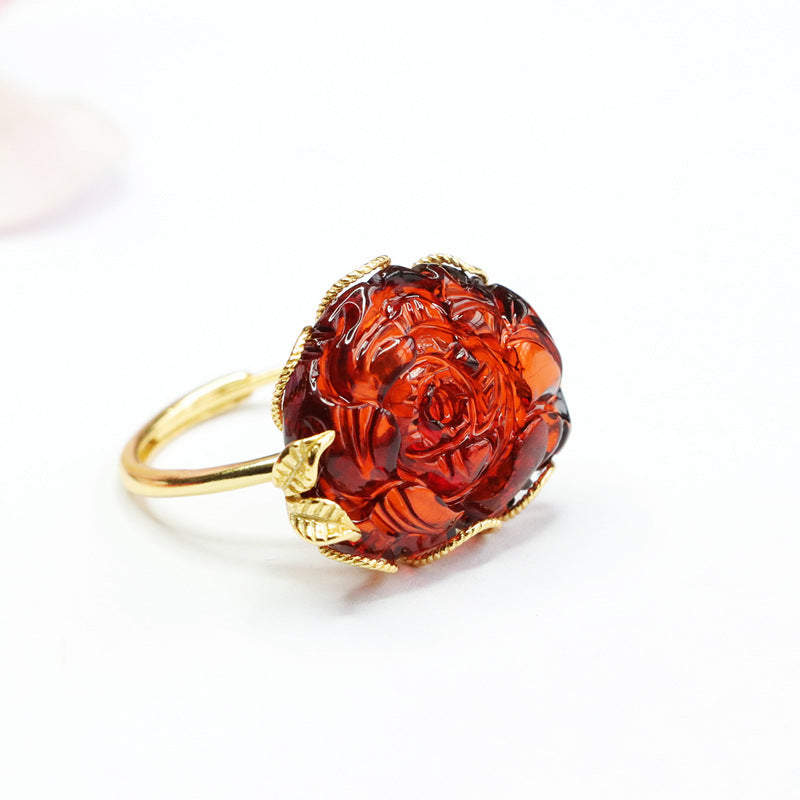 Peony Ring with Genuine Beeswax Amber in Sterling Silver