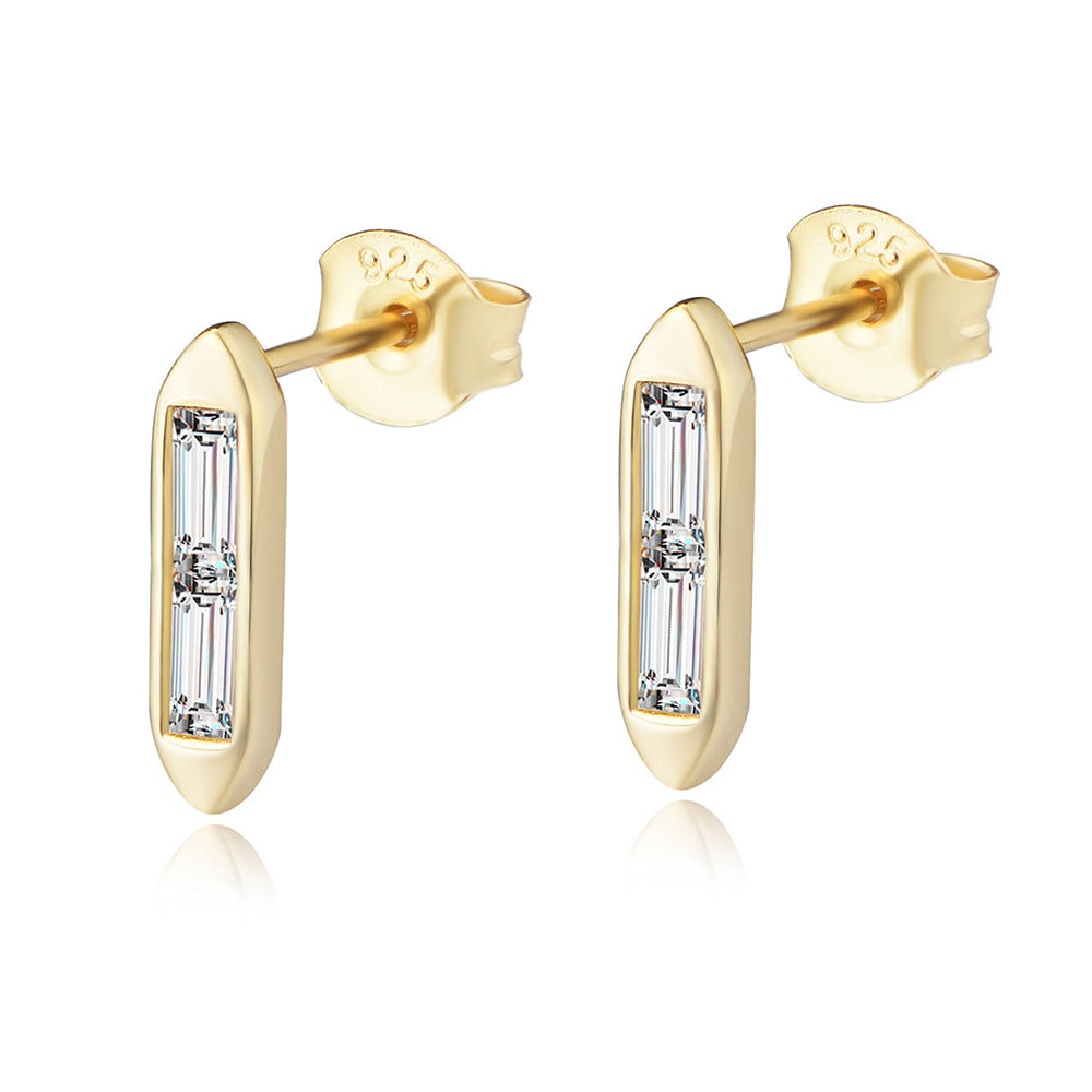 Korean Version S925 Sterling Silver Geometric Versatile Square Strip Inlaid Zircon Stud Earrings
