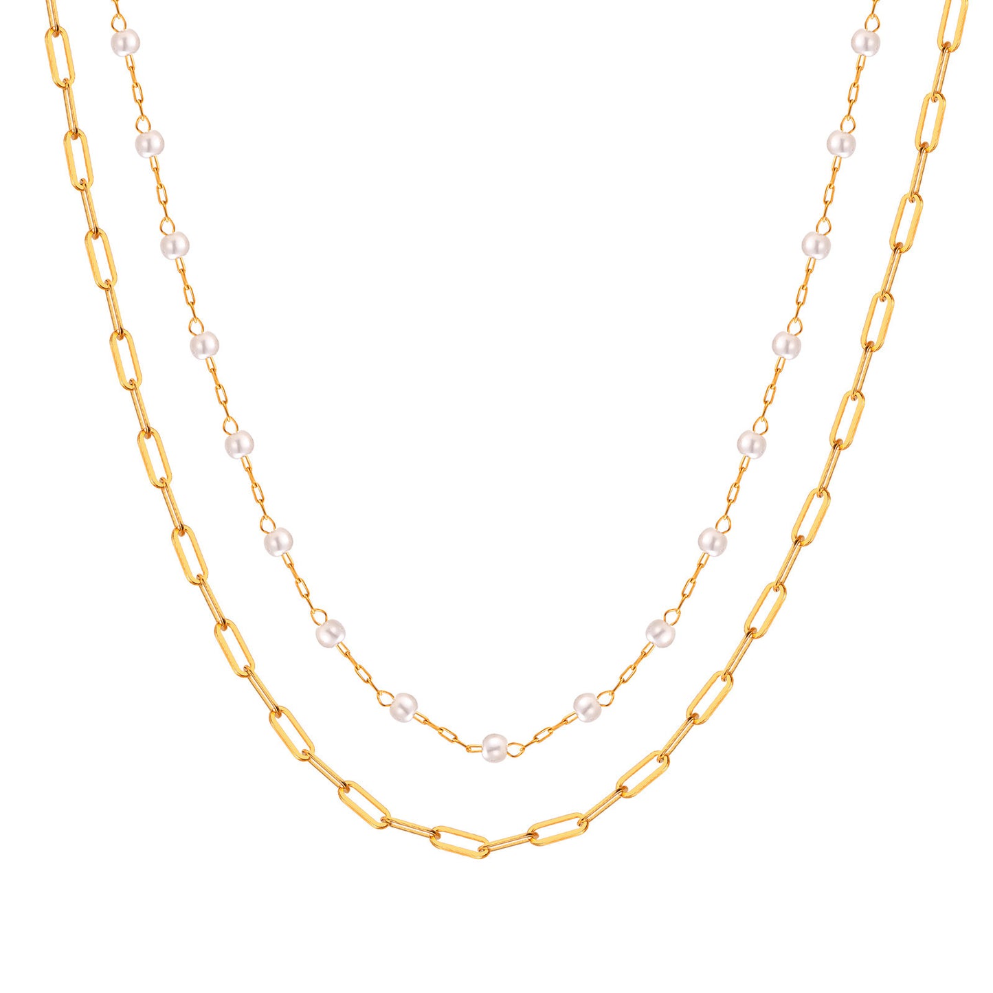 Collarbone Chain Double-Layer Stainless Steel Small Square Chain Faux Pearl Stacked Necklace