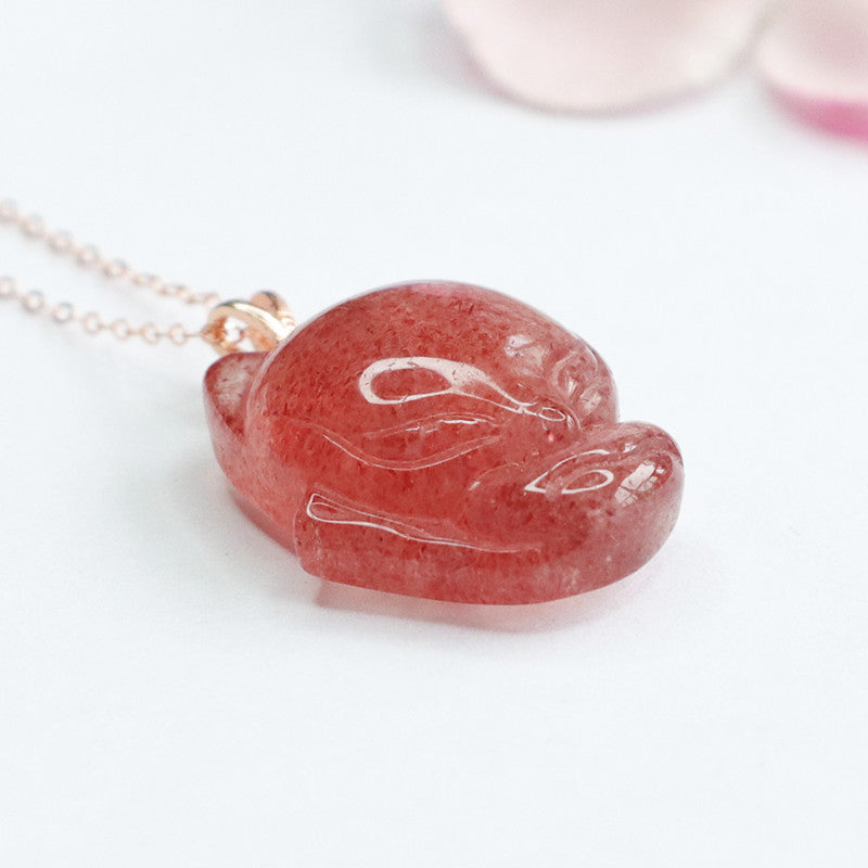 Strawberry Quartz Fox 925 Silver Pendant — No Chain