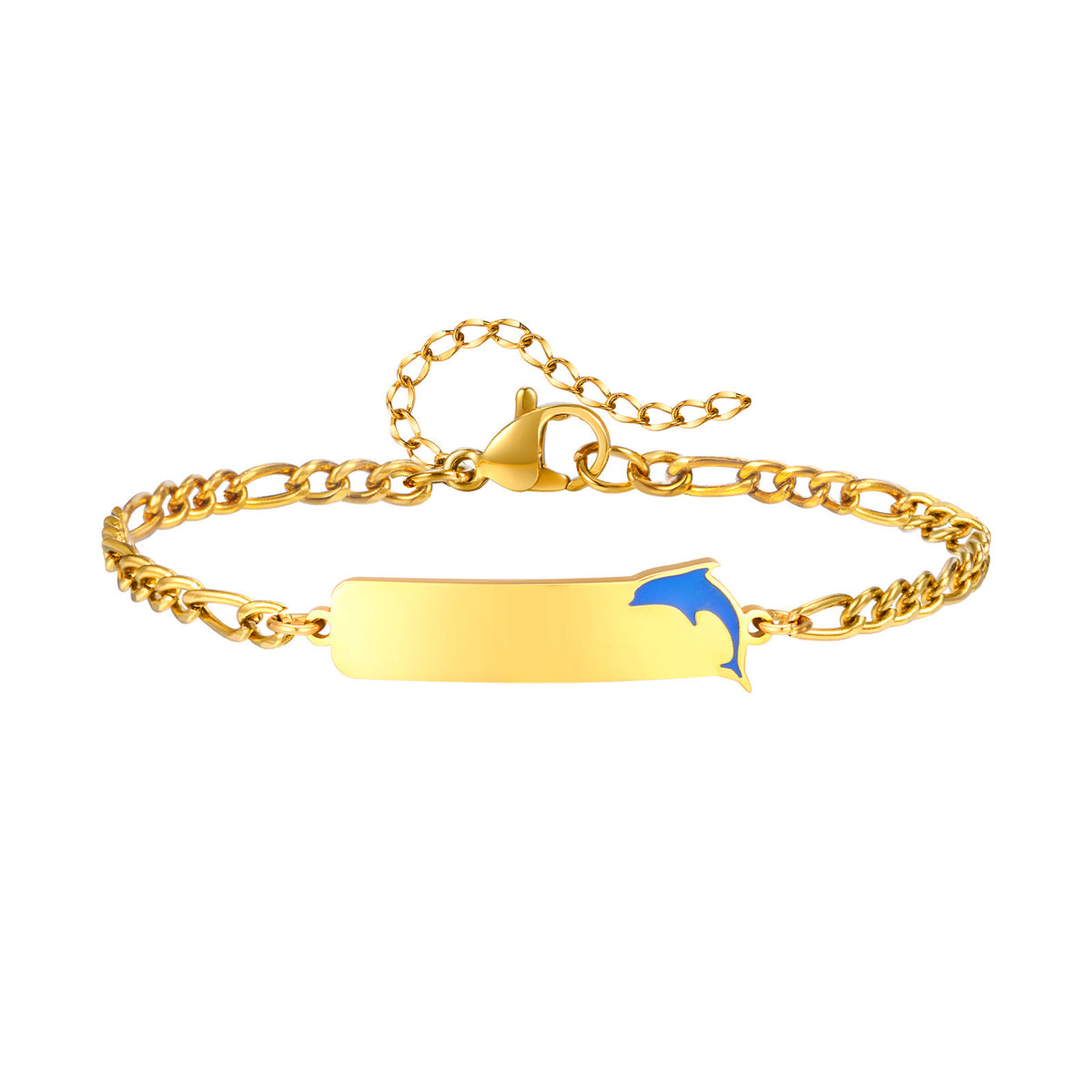 : Stainless Steel 3:1 Nk Chain Drop Blue Rubber Dolphin Curved Badge Bracelet For Gold