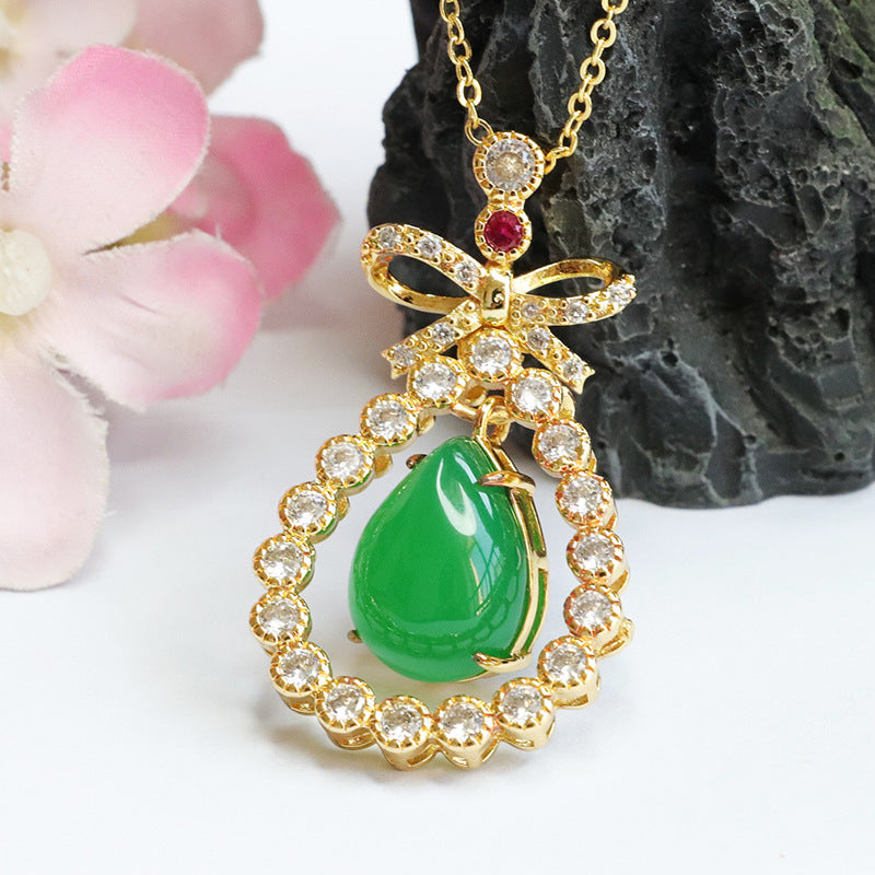 Green Chalcedony Necklace with Zircon Pendant and Sterling Silver Bow