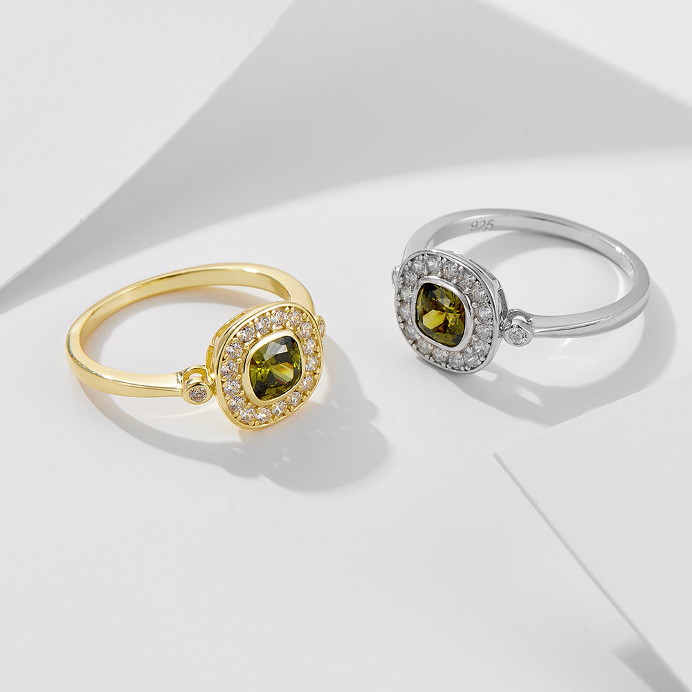 S925 Sterling Silver Oval Olive Green Zircon Ring Retro Index Finger Tail Ring