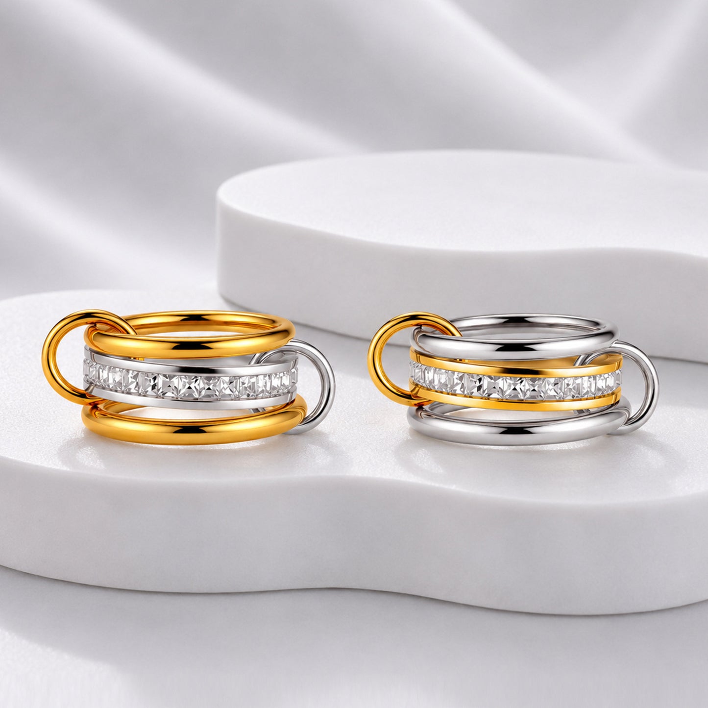 Interlocking Chain Ring Planderful Light Luxury Zircon Inlaid Stainless Steel Unisex Gold Silver