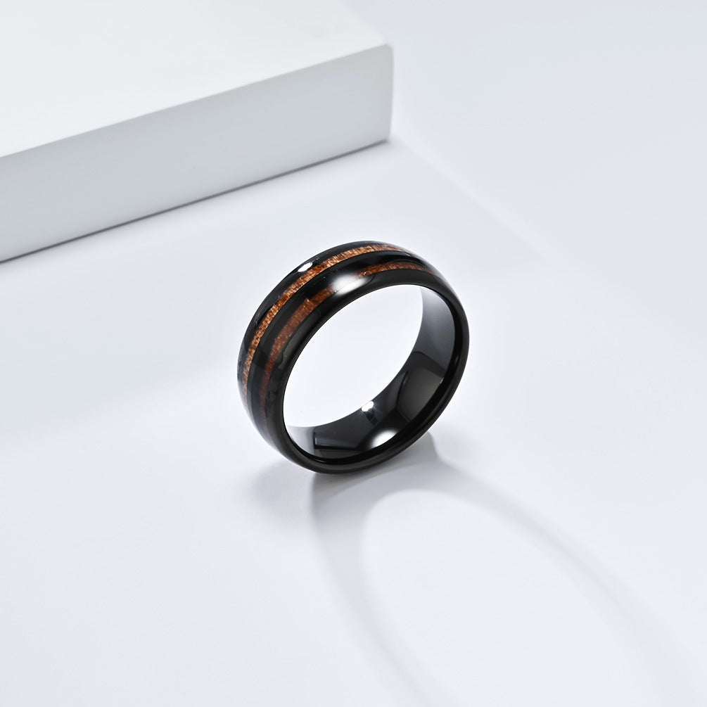 Planderful Tungsten Steel Ring With Parquet Wood Inlay Double Groove Unisex Couple Ring