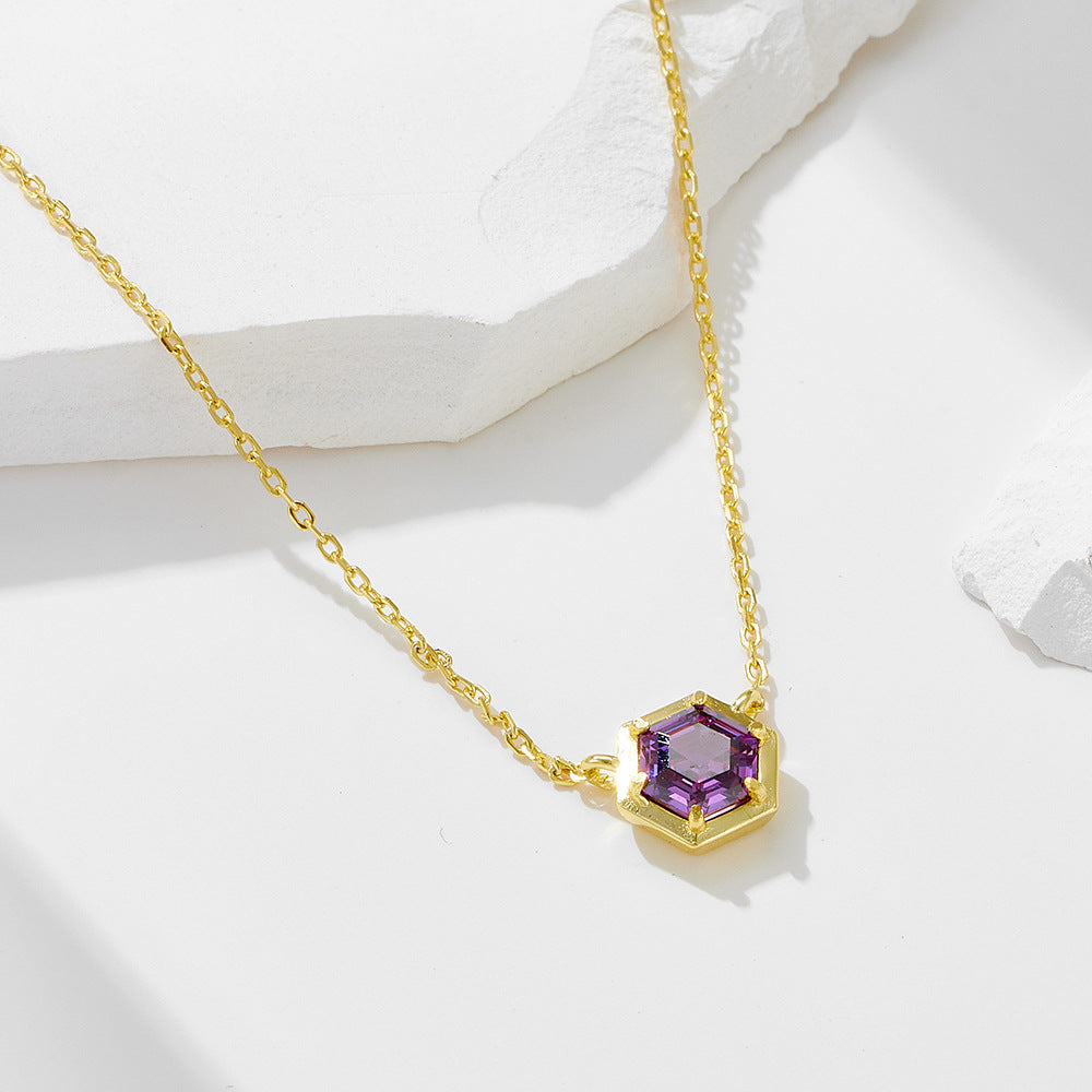 925 Pure Silver Hexagonal Amethyst Zircon Pendant Necklace, Geometric Colored Gemstone