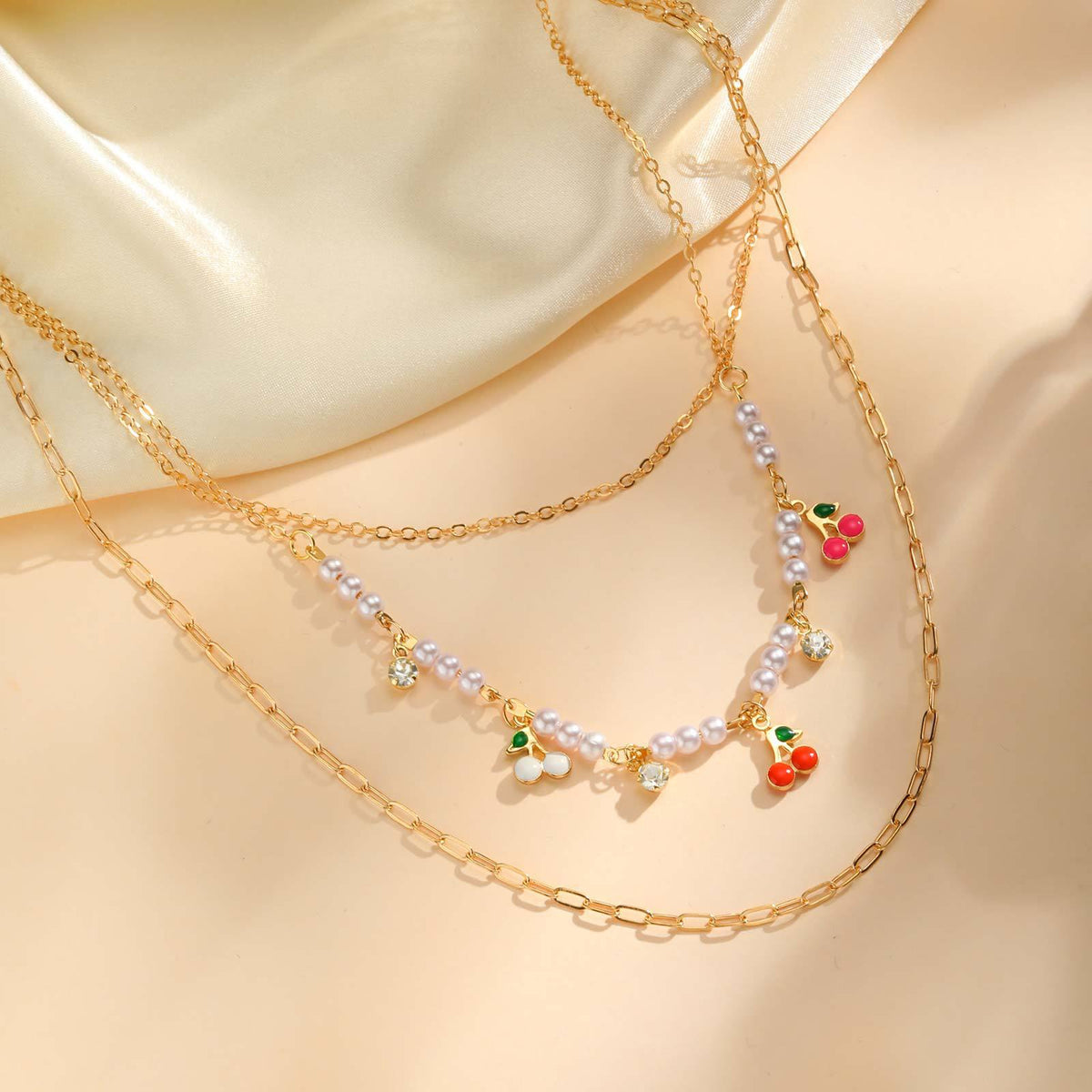 Layered Cherry Charm & Pearl Necklace