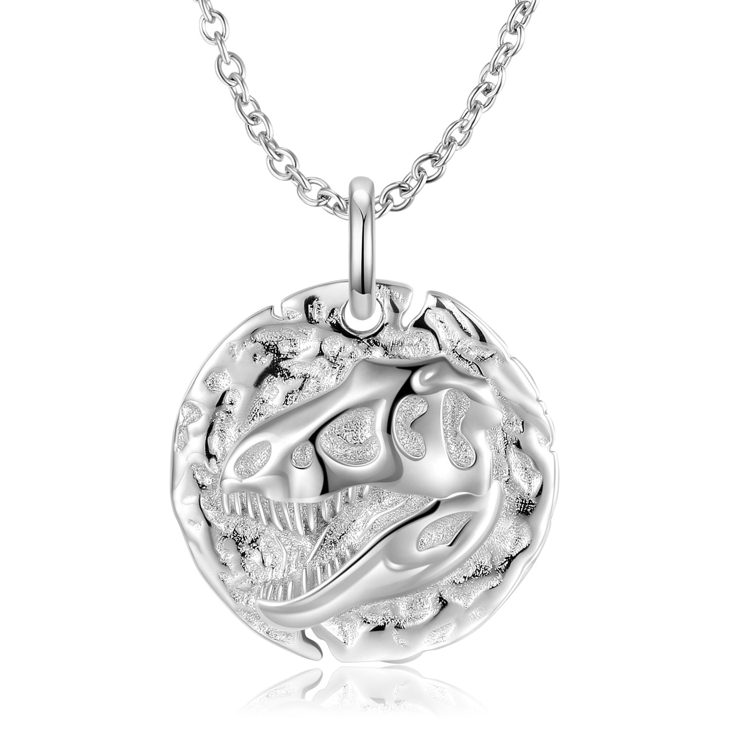 Tyrannosaurus Embossed Round Disc Pendant Silver Necklace