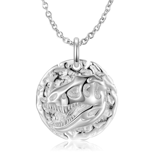 Tyrannosaurus Embossed Round Disc Pendant Silver Necklace