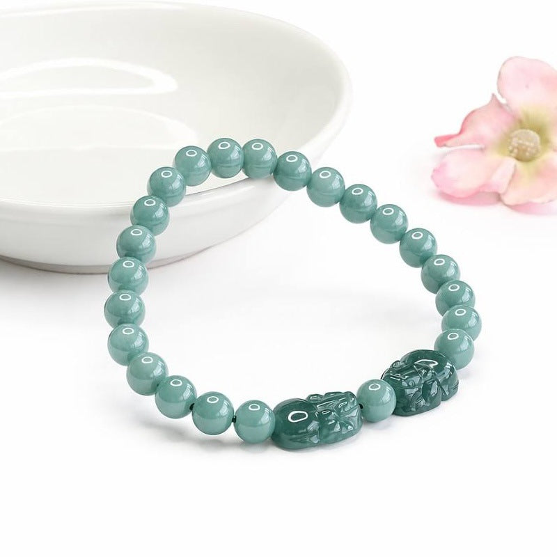 Blue Water Jadeite Pixiu 5.8 mm Beaded Bracelet