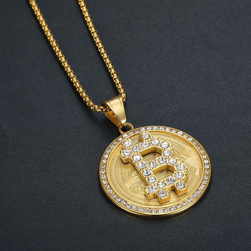 Planderful Bitcoin Pendant Gold Plated Steel Rhinestone Necklace for Hip Hop Fans Statement Accessory
