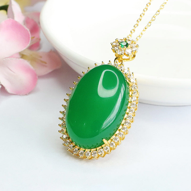 Green Chalcedony Pendant Necklace with Zircon Halo
