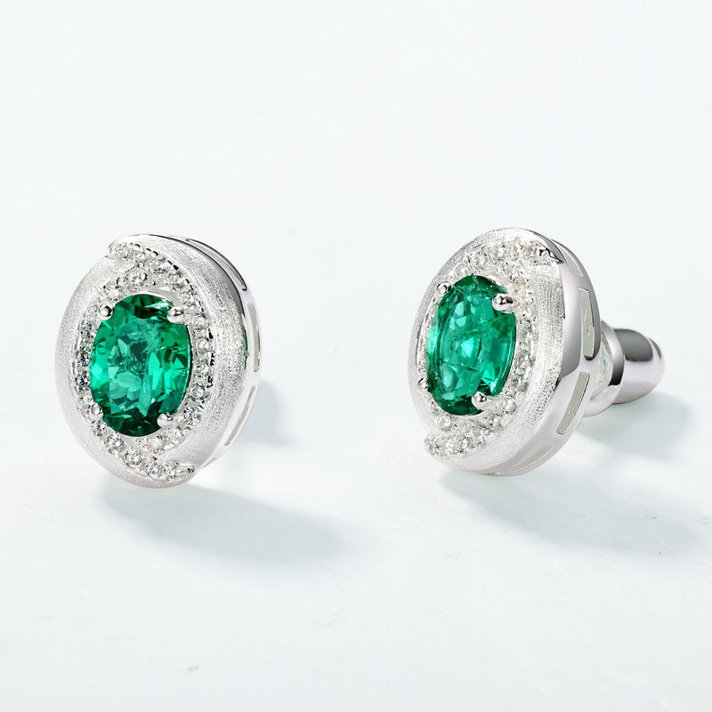 S925 Sterling Silver Lab-Grown Emerald Oval Stud Earrings