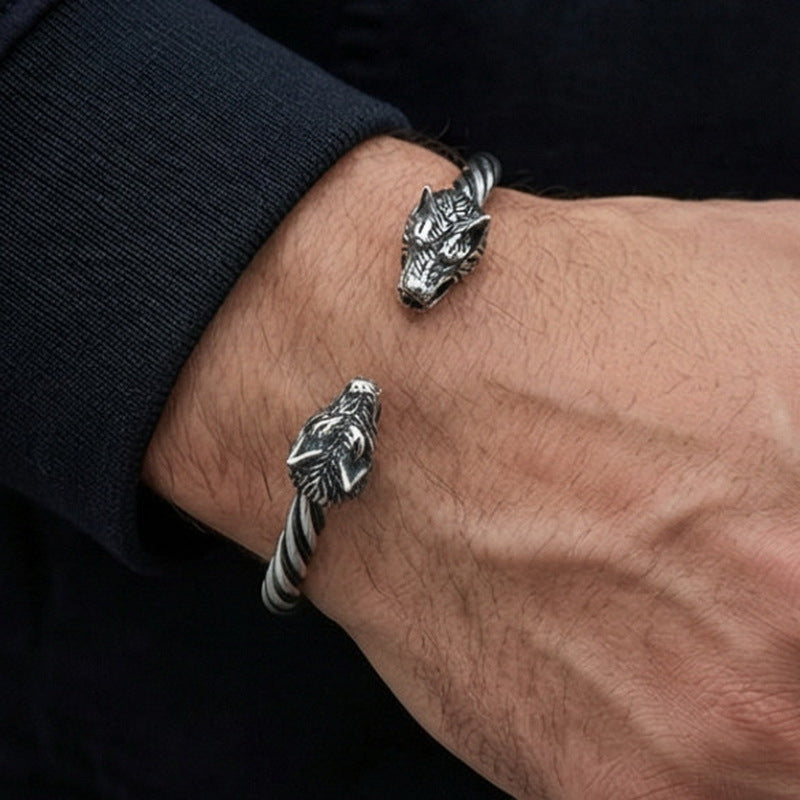 Skull C-Shaped Bracelet – Viking Wolf Head Twist Twist Leather Rope Stainless Steel Men's