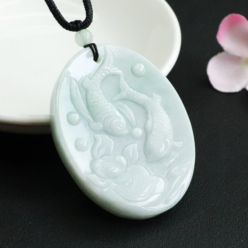 Lotus Leaf Fish Myanmar Jade Oval Pendant - Sterling Silver Jewelry