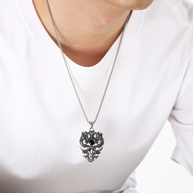 Old Zodiac Dragon Pendant, Guochao Retro Double Dragon Play Beads Inlaid With Zircon Necklace
