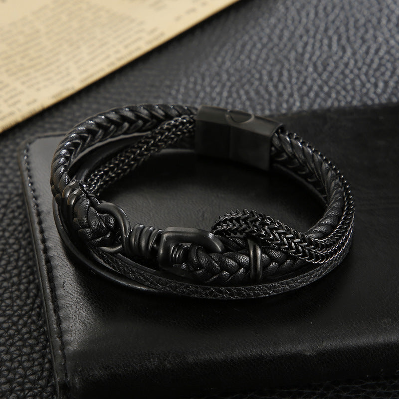 Planderful Mens Leather Bracelet Magnetic Buckle Steel