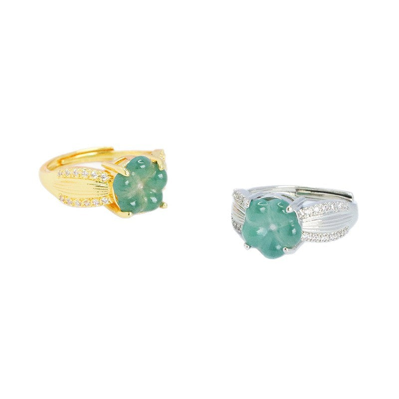 Blue Water Jadeite Four-Leaf Clover 10 mm Ring