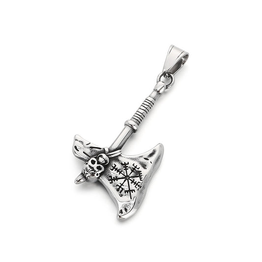 Vintage Thor'S Hammer Nordic Viking Guide Rune Skull Axe Titanium Steel Men's Pendant Necklace