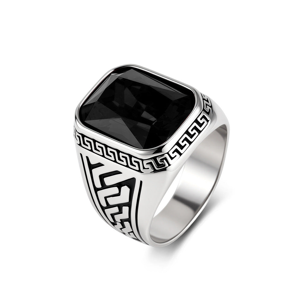 Textured Stainless Steel Gemstone Ring Men's Multi-Color Glass Stone Stainless Steel Index