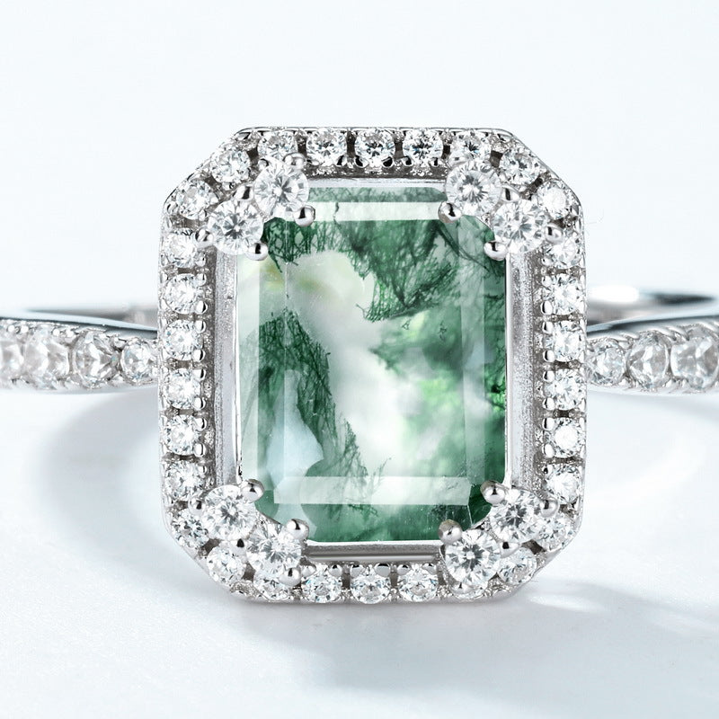 S925 Sterling Silver Gold-Plated Moss Agate Geometric Ring