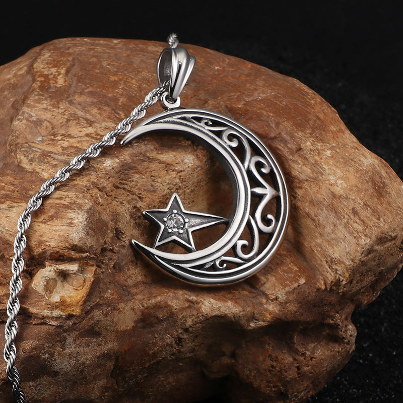 Stylish Titanium Steel Men's Pendant with Zircon Stars and Moon for Fashion Enthusiasts