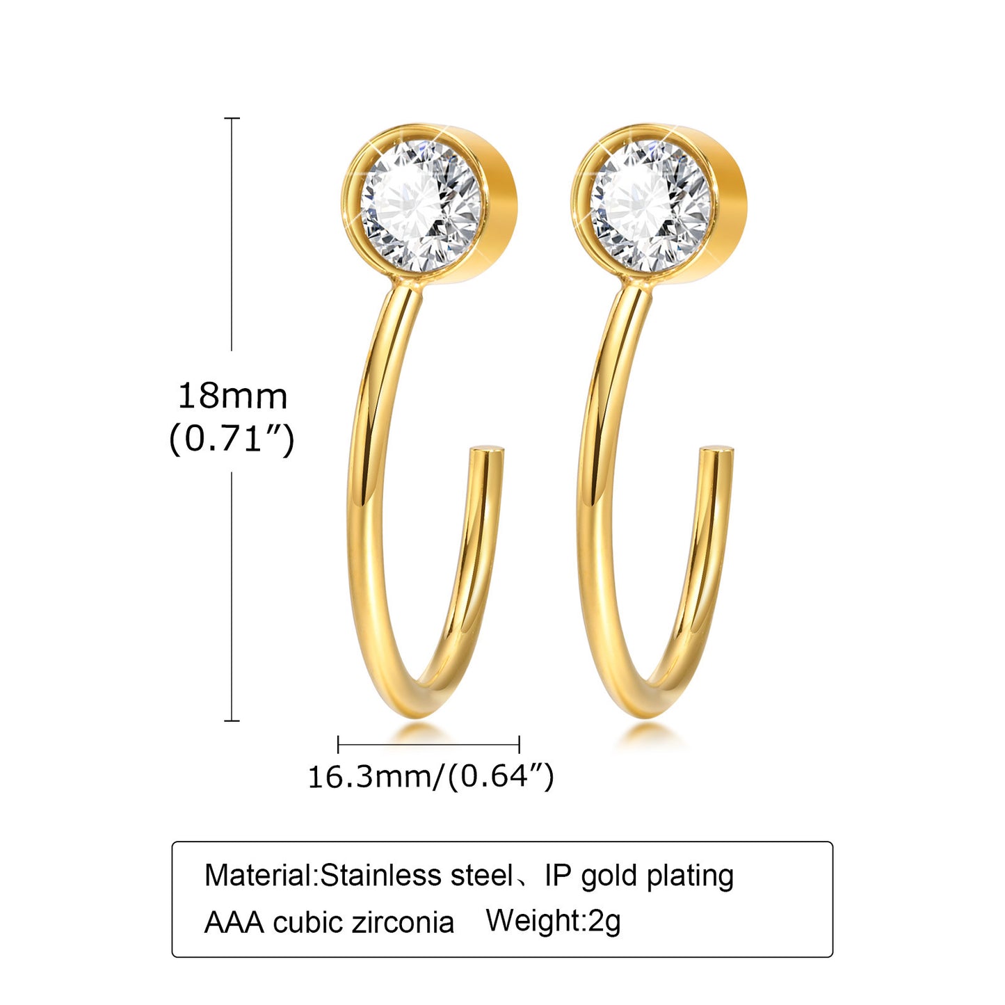 Stainless Steel Ladies Simple Versatile Zircon Earrings Gold