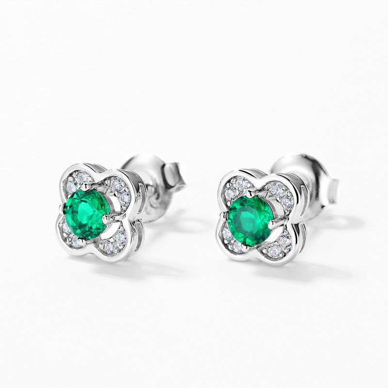 S925 Sterling Silver Lab-Grown Emerald Four-Leaf Clover Stud Earrings