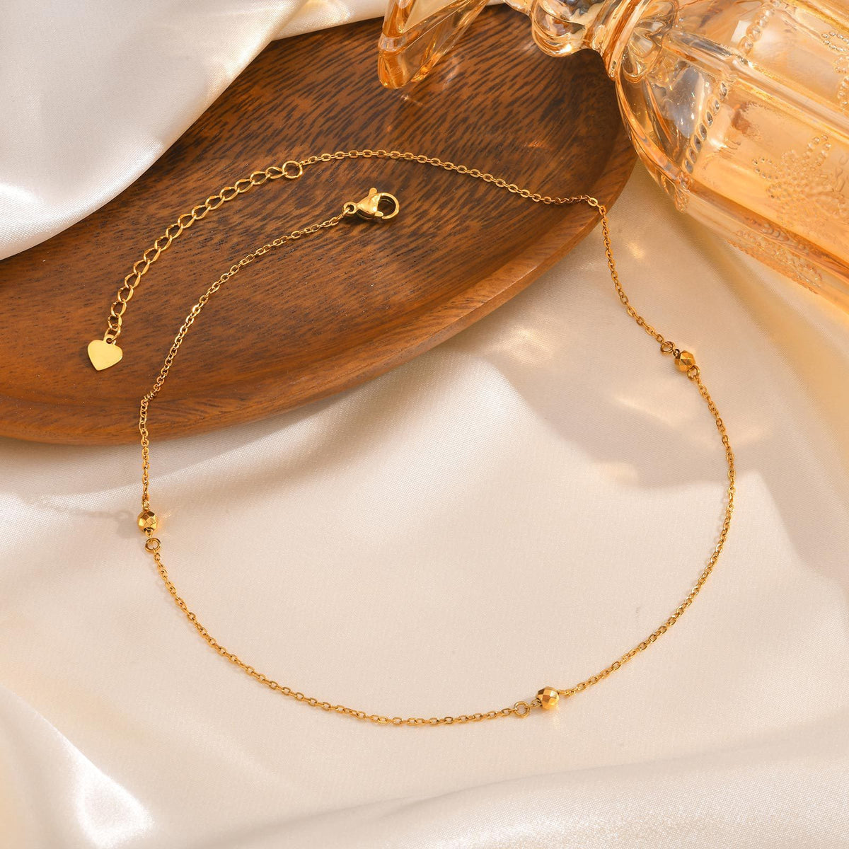 Ladies Stainless Steel Flat Cross Chain – Three Dancing Beads – Gold Necklace